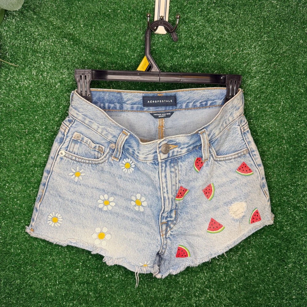 Aeropostale Size 0 Watermelon Daisy Embroidered Denim Booty Shorts High Rise